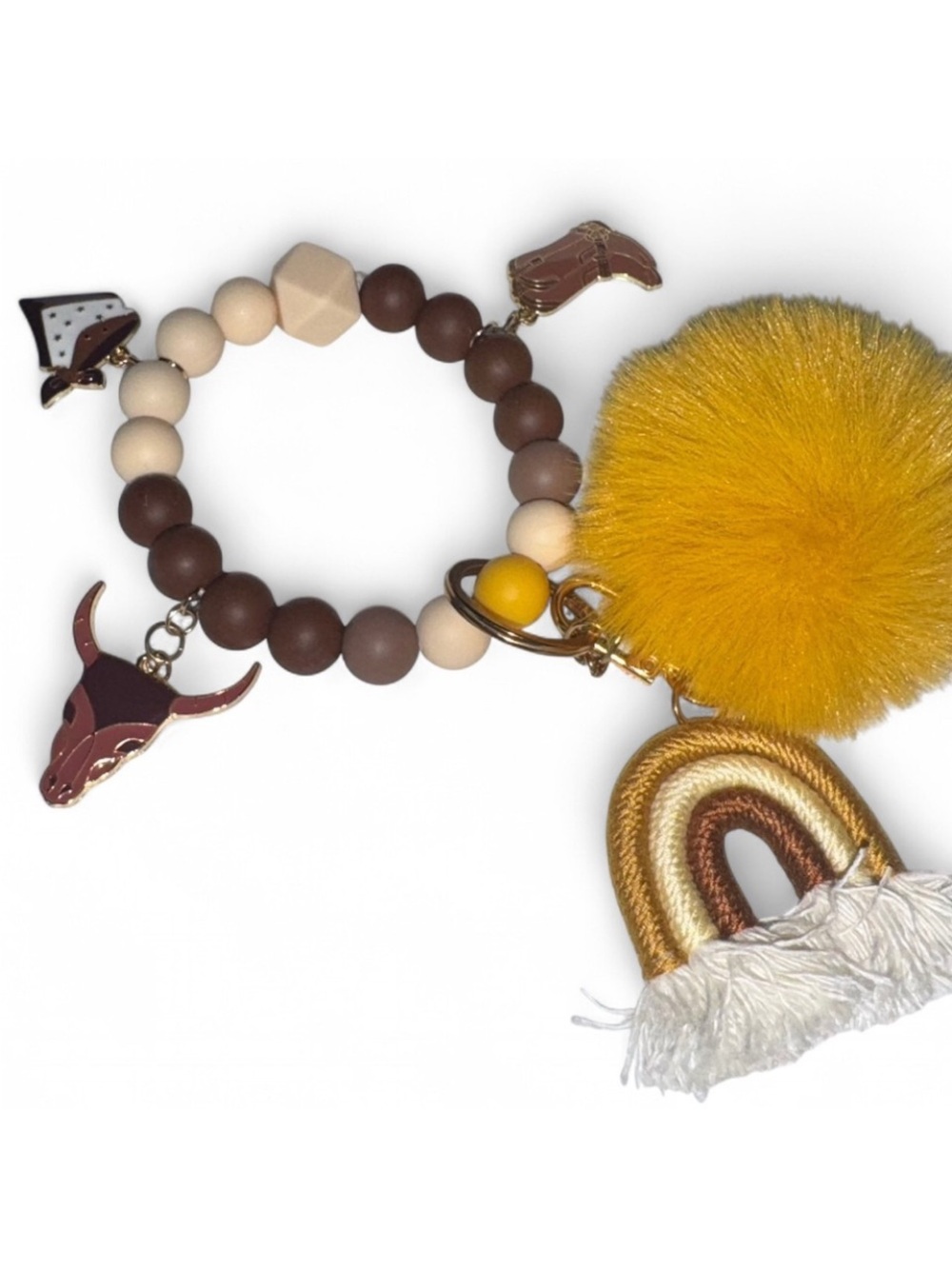 Beaded Charm Keychain Bracelet with Mustard Pom Pom
